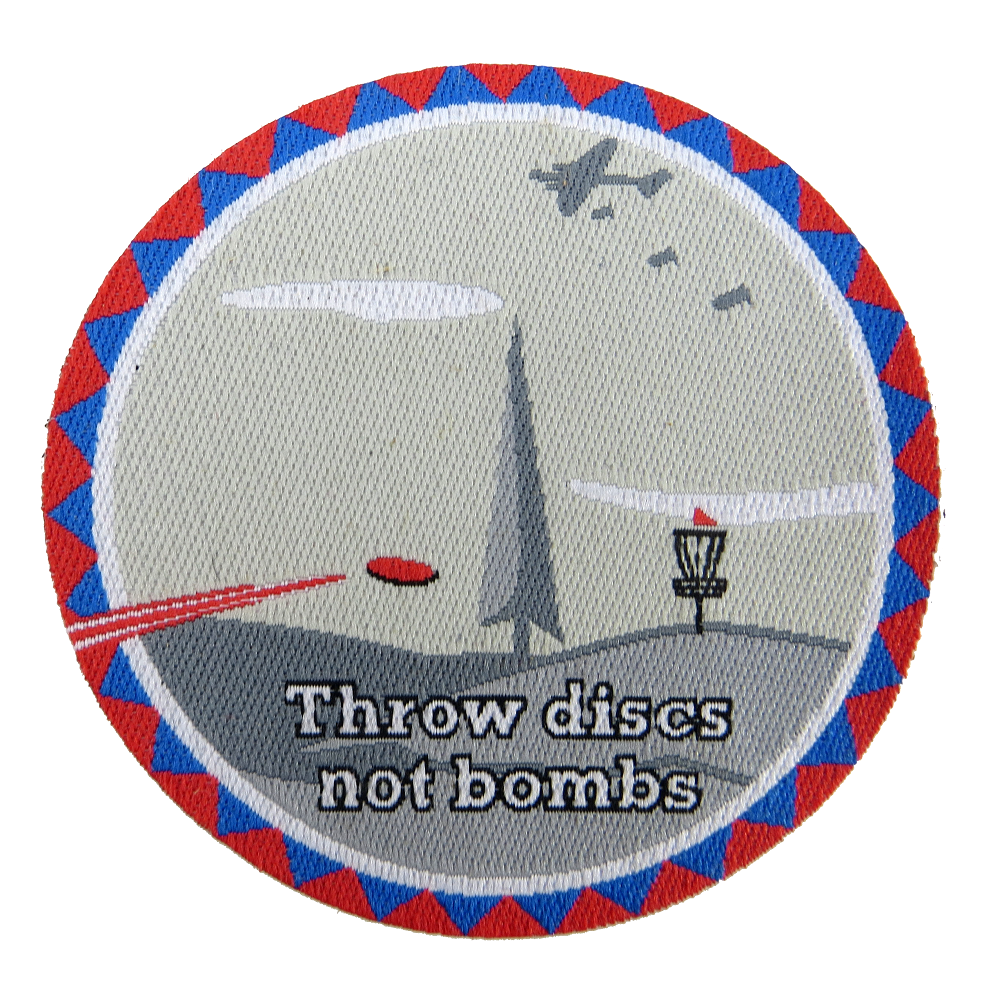 PG Productions Throw Discs Not Bombs Iron-On Disc Golf Patch
